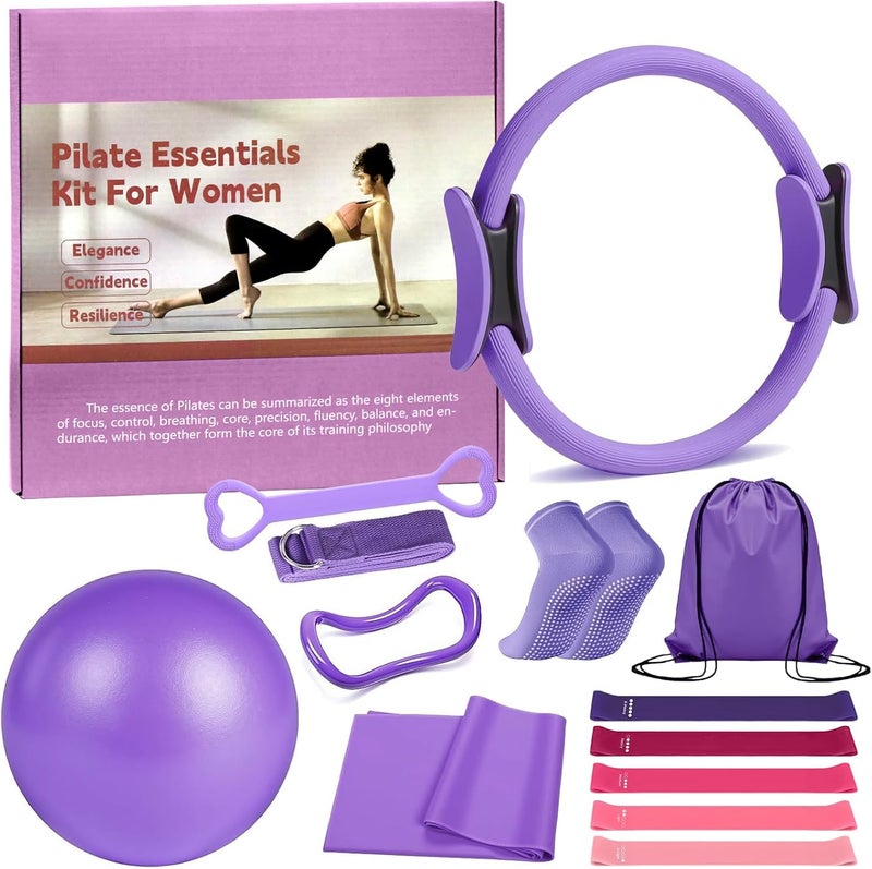 Karltion Pilates Ring 13 Piece Set,Pilates Kit for Women Exercise Equipment Accessories Deformation Magic Circle with Padded Handles, Workouts Ball, Guide & Bag, Resistance Bands for Legs Arms and Thighs - Image 1